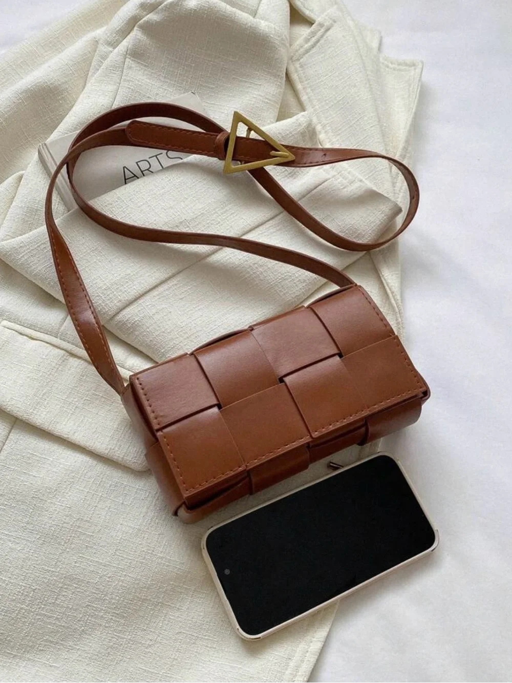 Woven Crossbody Bag with Gold Triangle Buckle in Brown